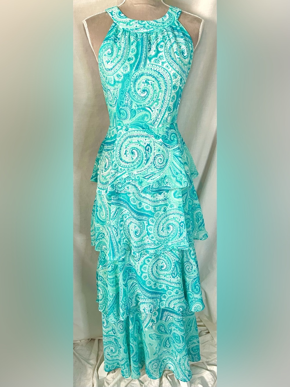 Tommy Hilfiger Aqua Paisley Print Tiered Maxi Dress, Size 6